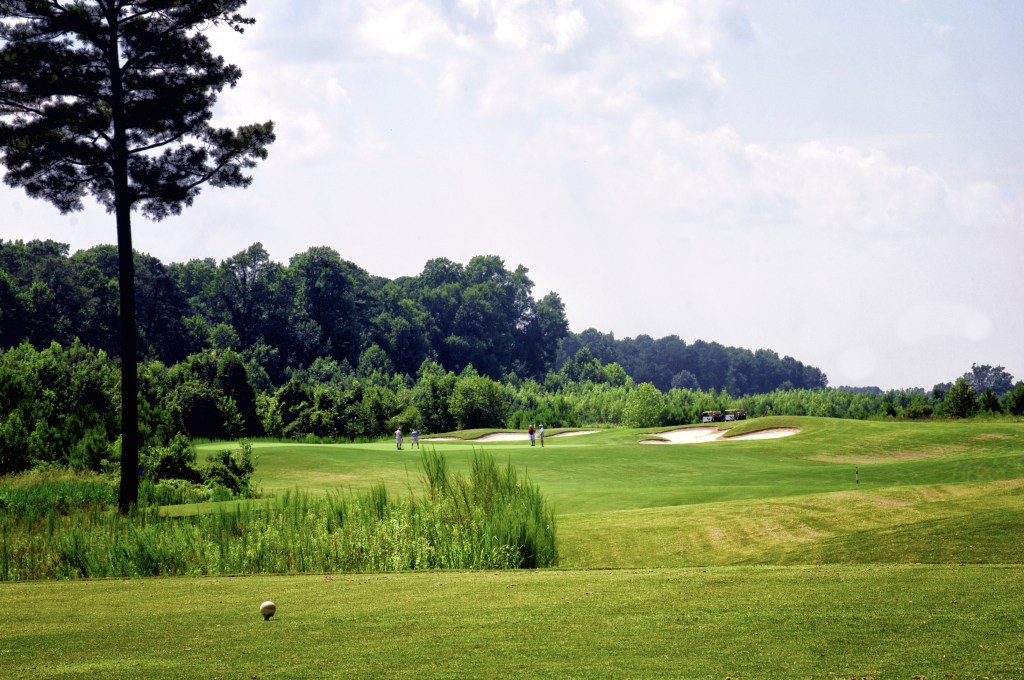 Golf course fairway with bunkers