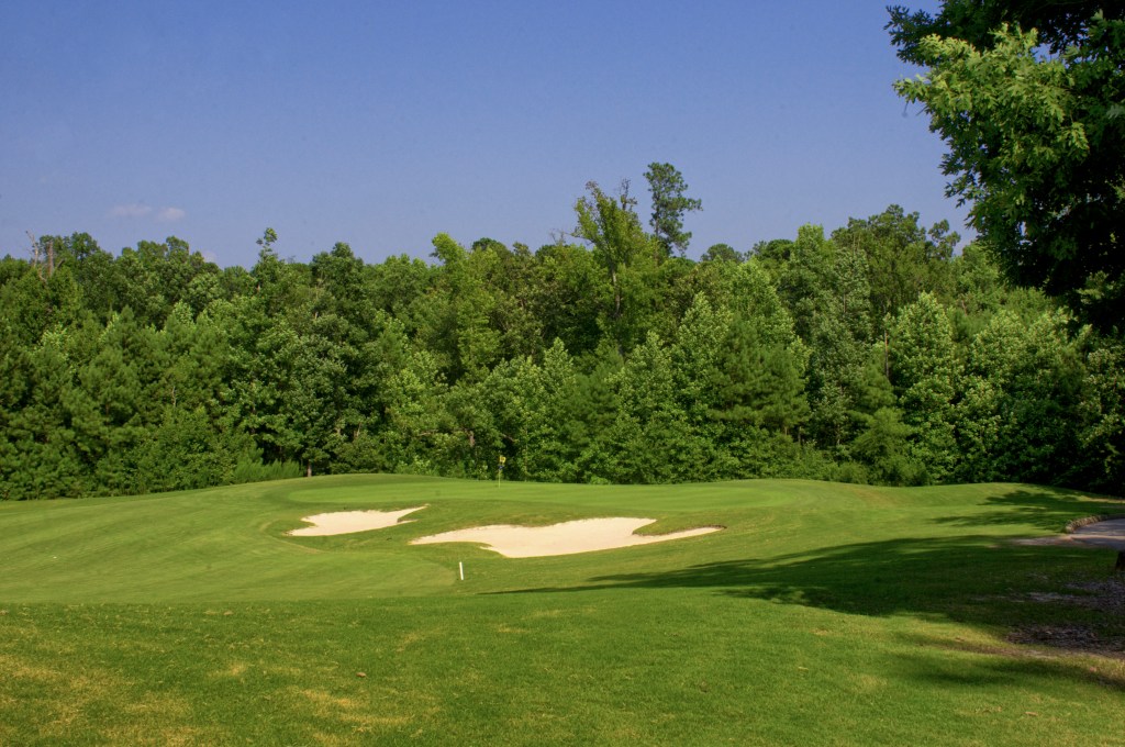 Bunkers and trees near hole on golf course